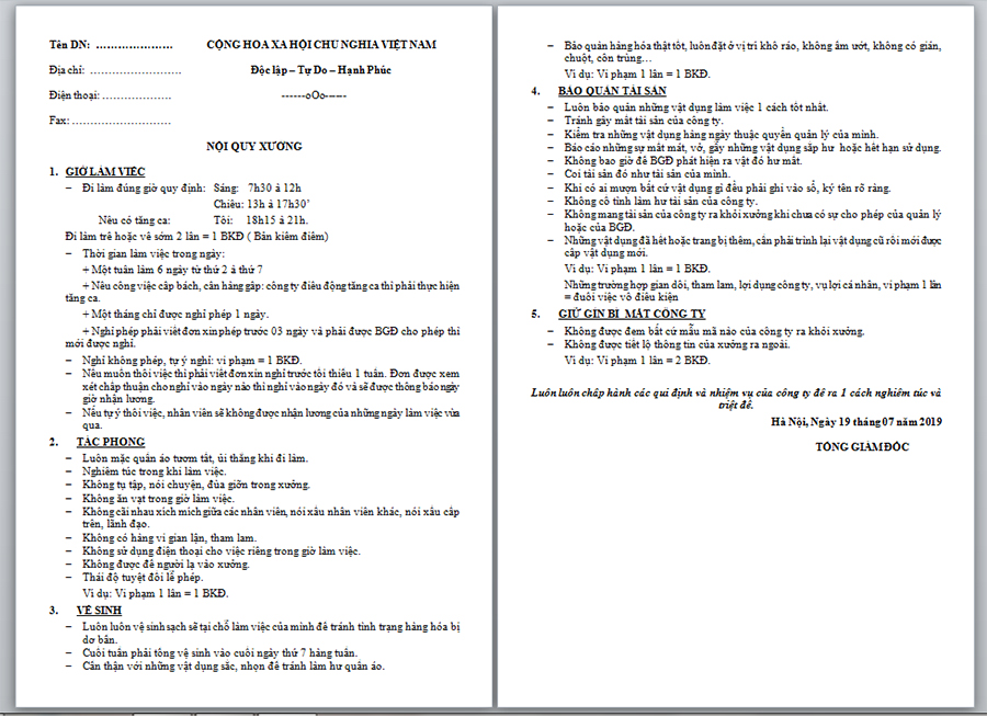 mẫu nội quy công ty ngắn gọn